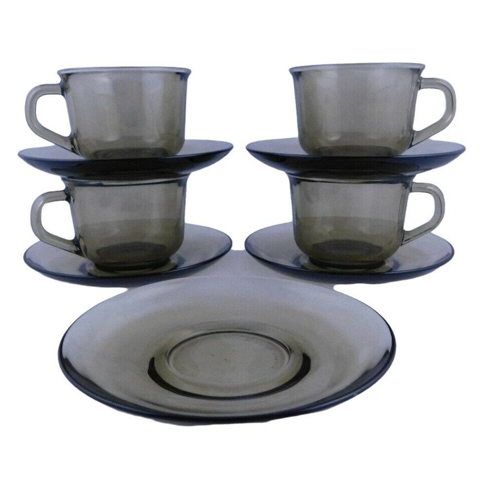 Vintage Arcoroc France - 4 Smoky Glass Cups & 5 Saucers